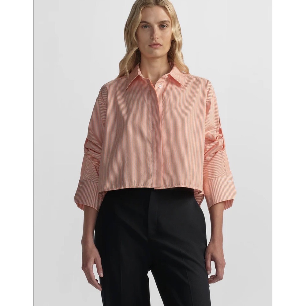 A.L.C. Maude Cropped Cotton Stripe Shirt Poplin Oversized Persimmon SIze S